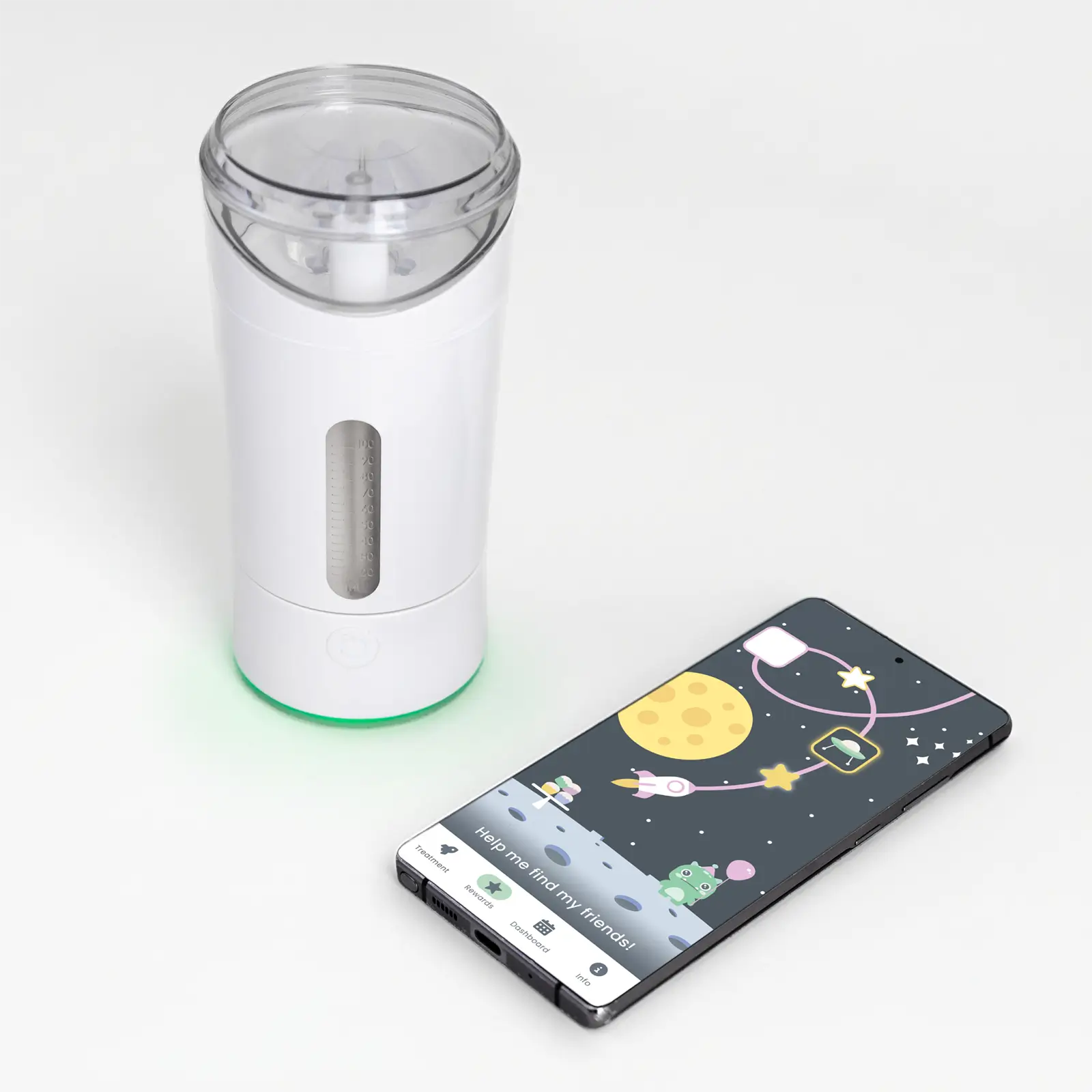 Earflo device and mobile app isolated on a clean white surface